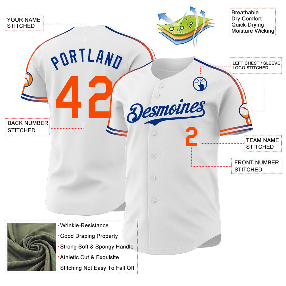 Custom White Orange-Royal Raglan Line Gradient Stripe Authentic Baseball Jersey view 4