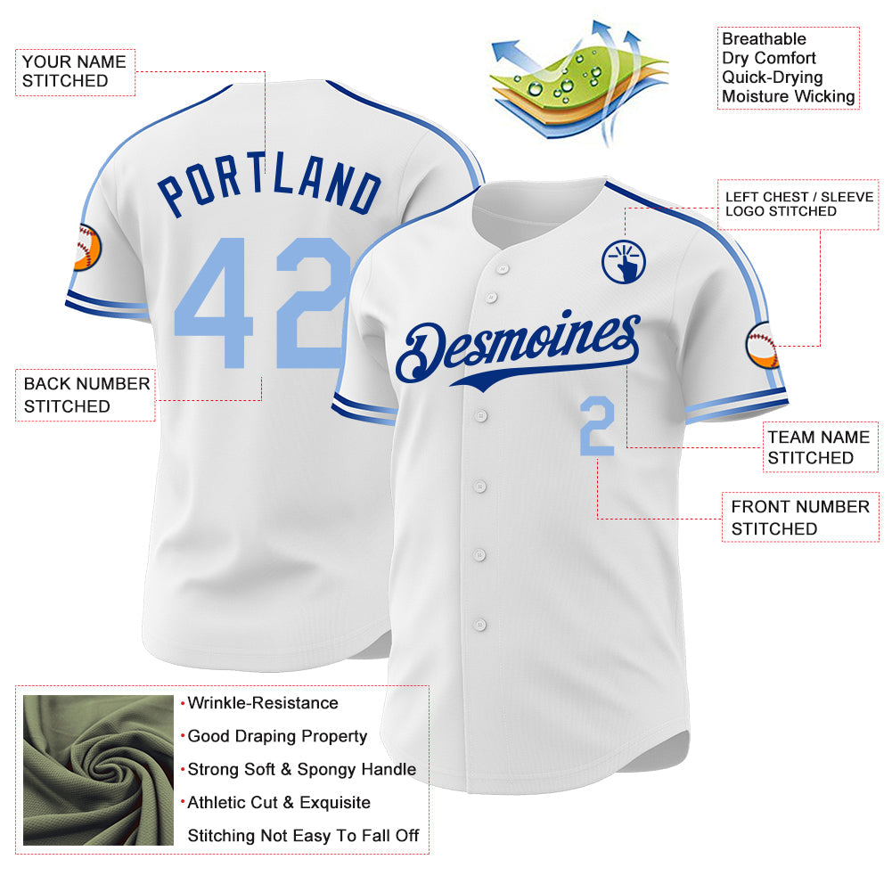 Custom White Light Blue-Royal Raglan Line Gradient Stripe Authentic Baseball Jersey view 4