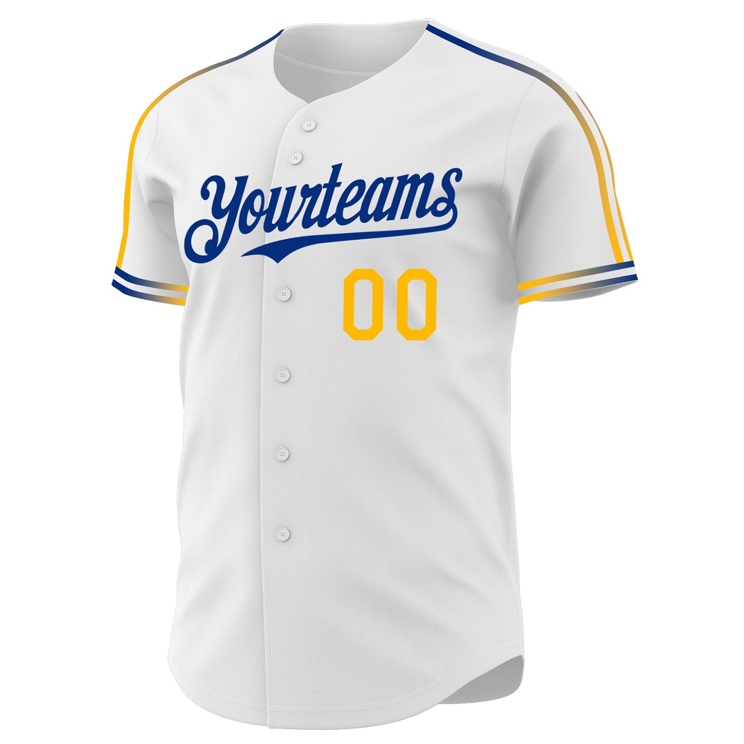 Custom White Gold-Royal Raglan Line Gradient Stripe Authentic Baseball Jersey view 3
