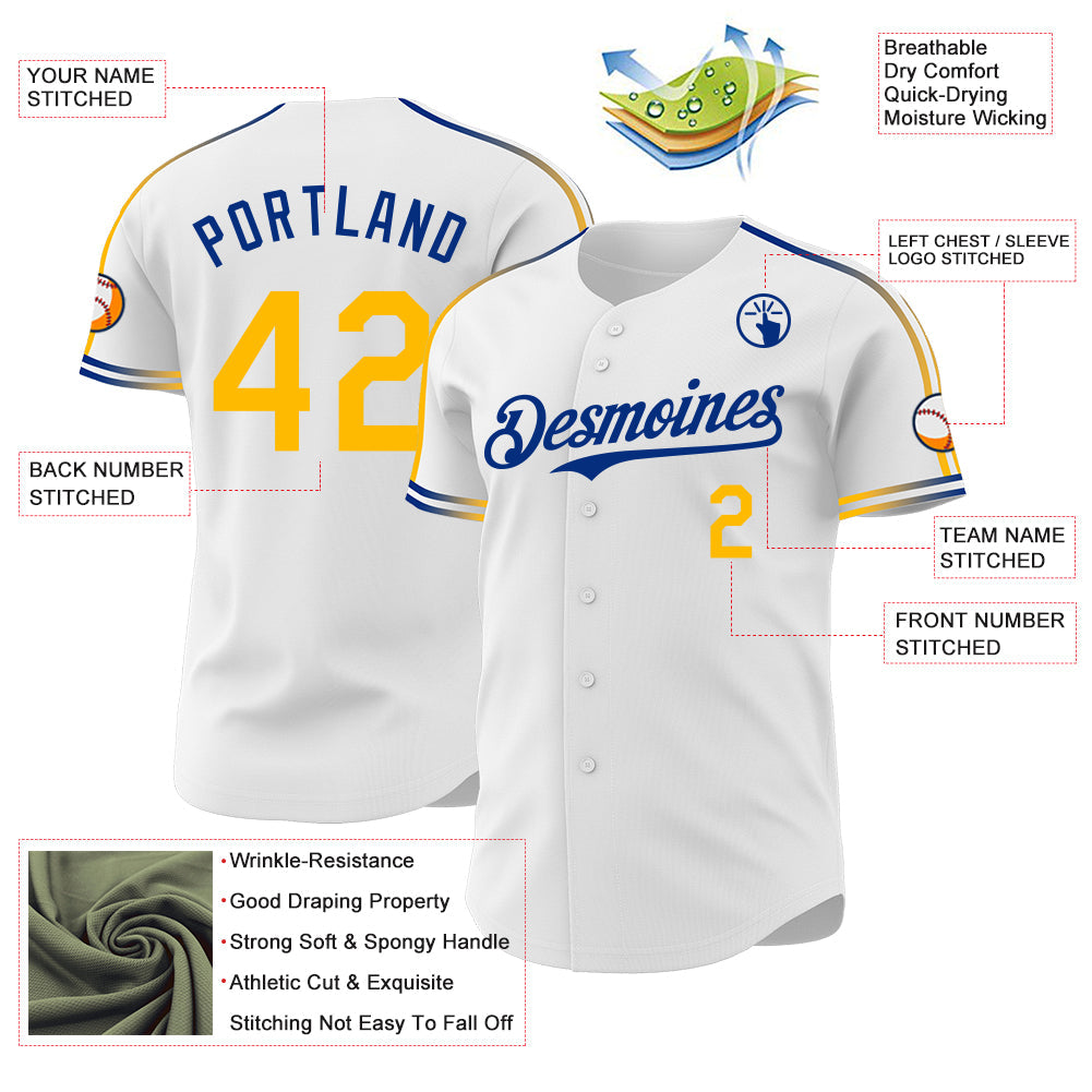 Custom White Gold-Royal Raglan Line Gradient Stripe Authentic Baseball Jersey view 4