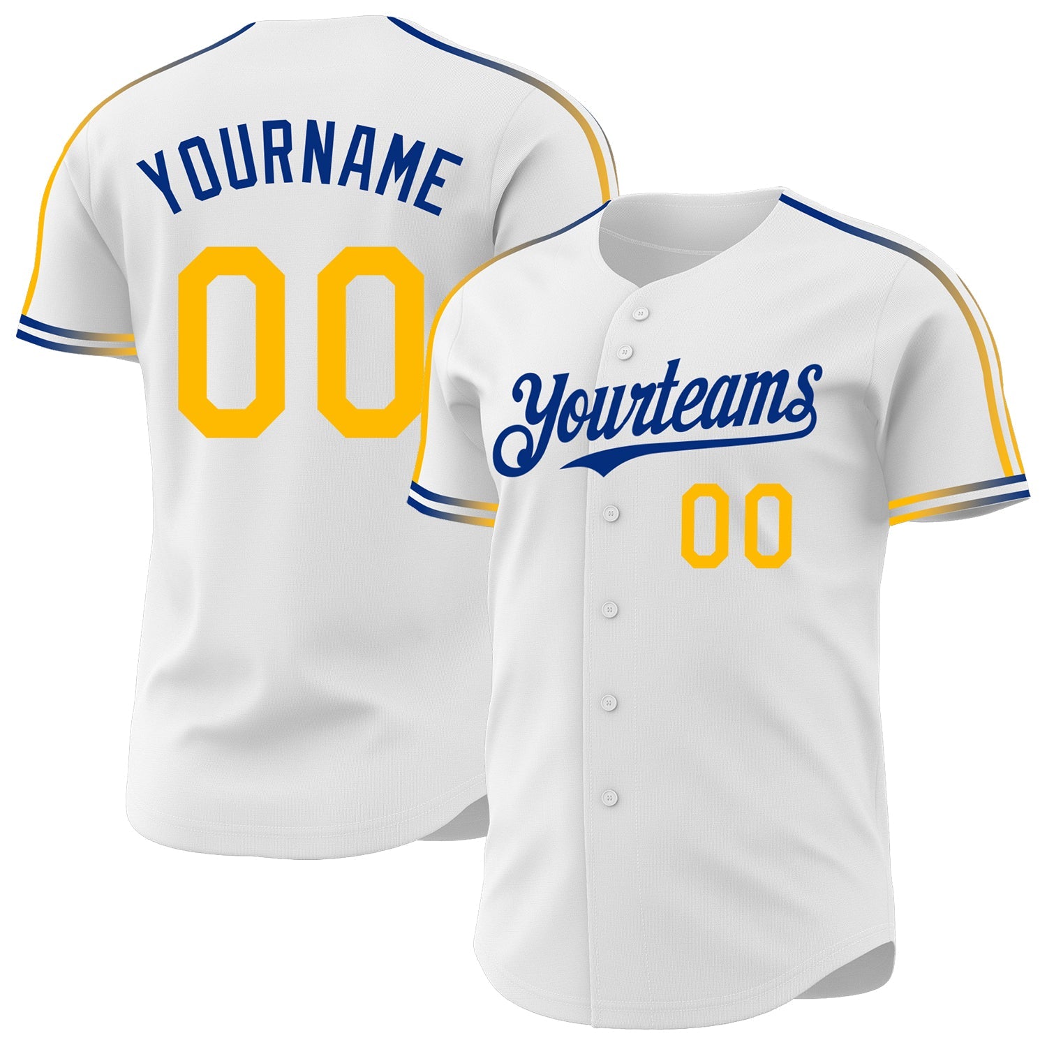 Custom White Gold-Royal Raglan Line Gradient Stripe Authentic Baseball Jersey - Main View