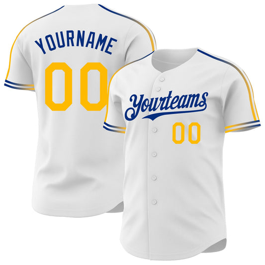 Custom White Gold-Royal Raglan Line Gradient Stripe Authentic Baseball Jersey - Main View
