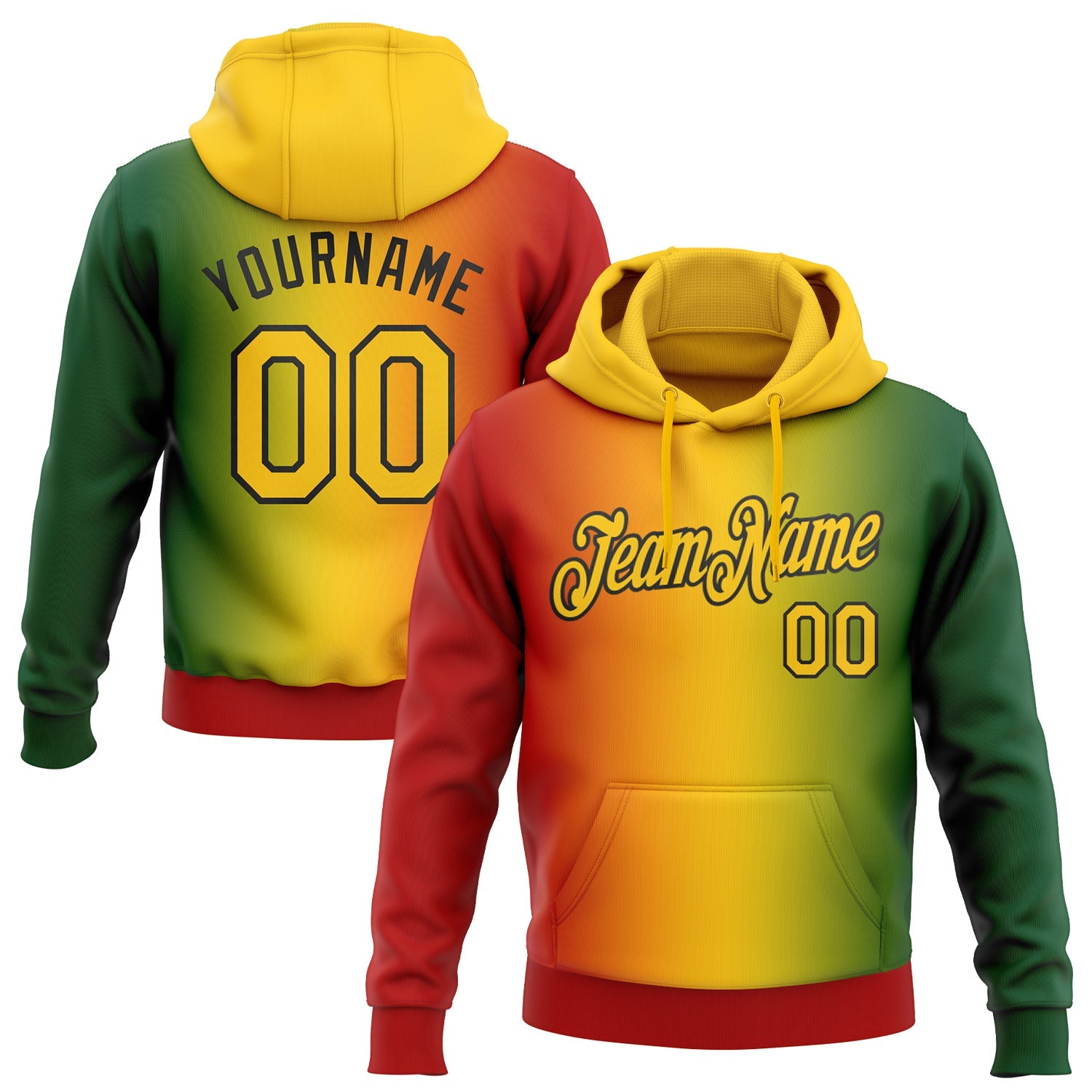 Custom Stitched Green Yellow Red-Black 3D Pattern Design Gradient Fashion Black History Month Sports Pullover Sweatshirt Hoodie - Main View
