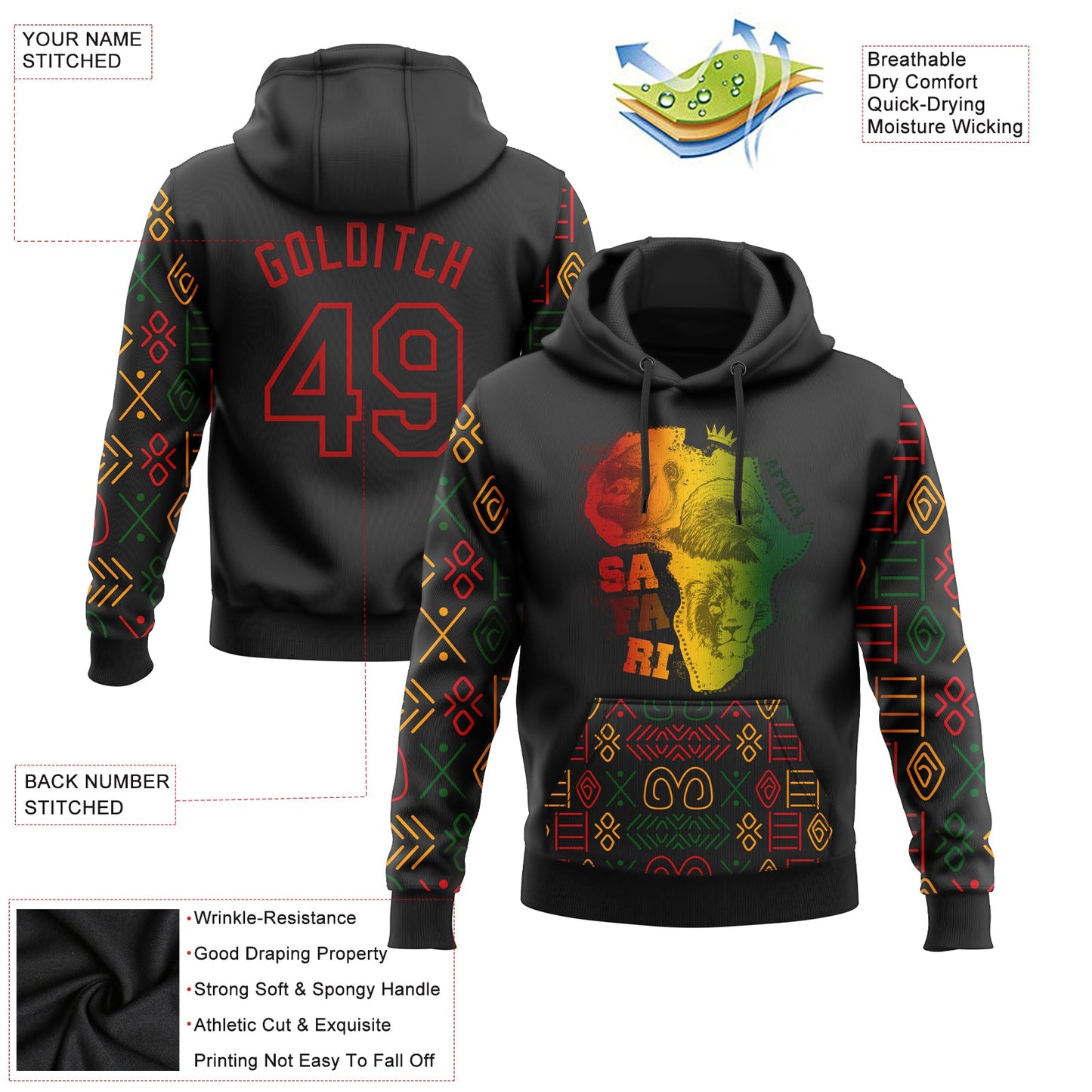 Custom Stitched Black Red 3D Pattern Design Black History Month Africa Safari Sports Pullover Sweatshirt Hoodie view 2