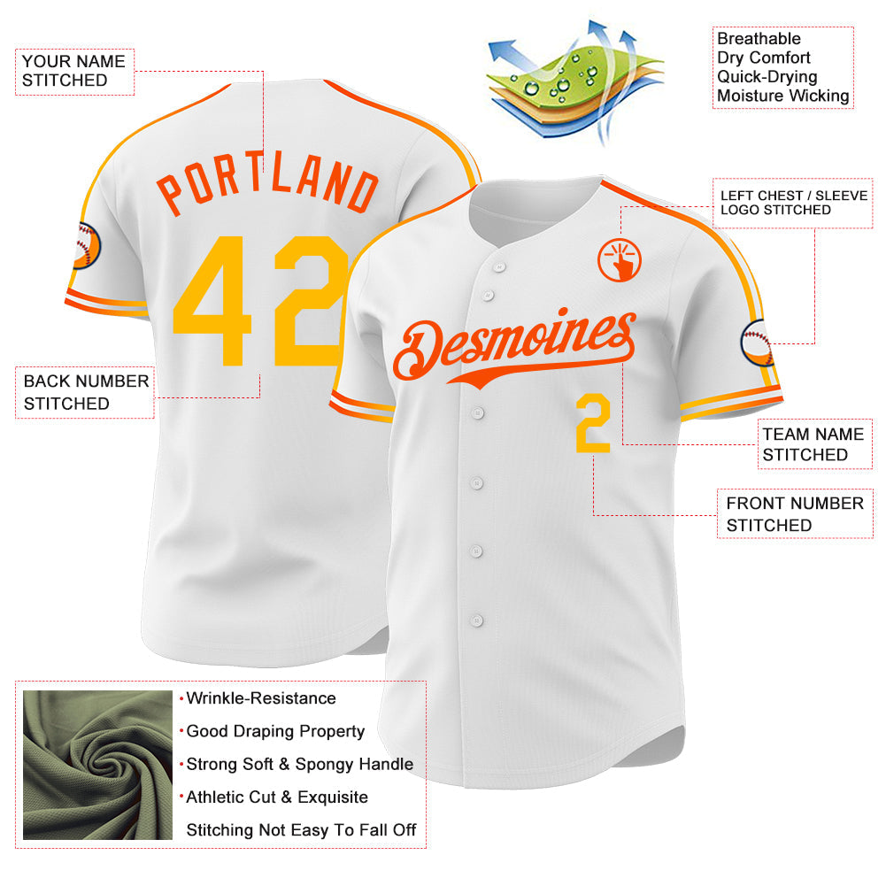 Custom White Gold-Orange Raglan Line Gradient Stripe Authentic Baseball Jersey view 4