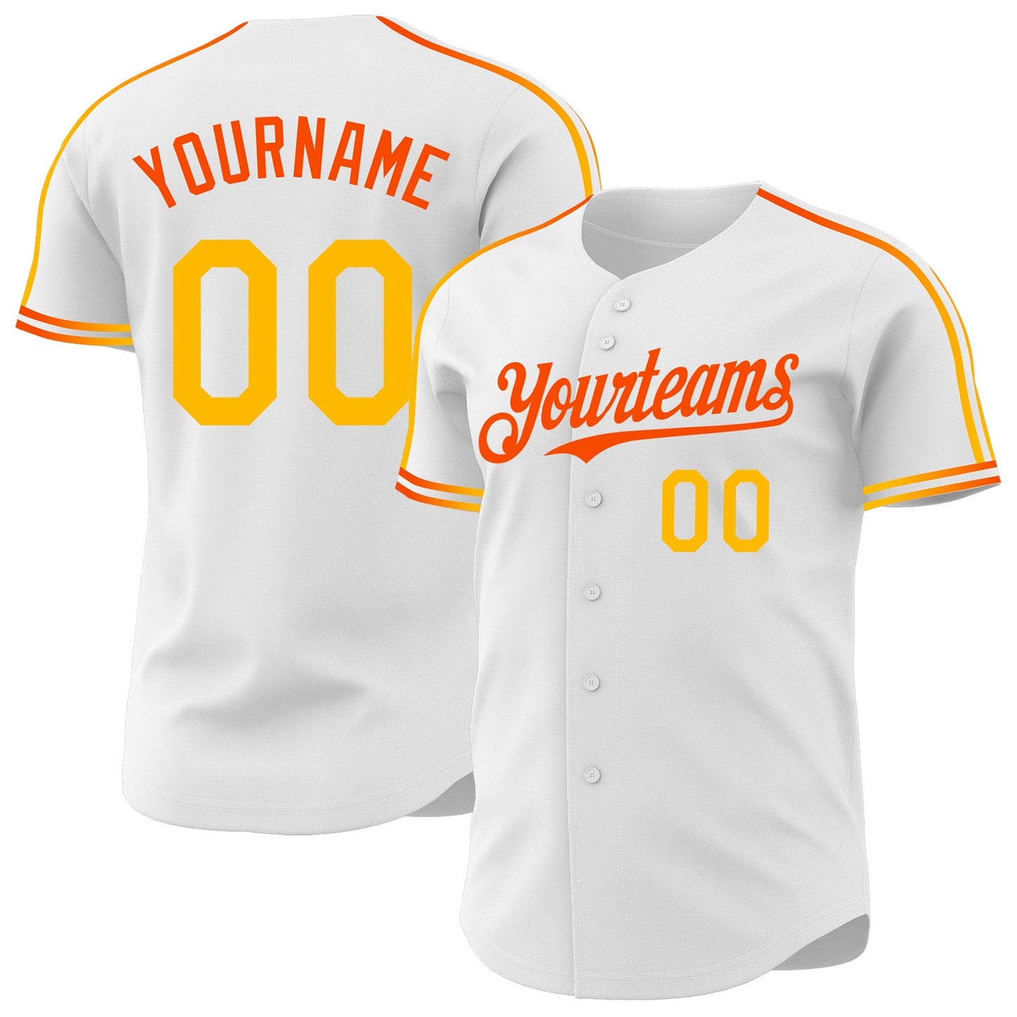 Custom White Gold-Orange Raglan Line Gradient Stripe Authentic Baseball Jersey - Main View