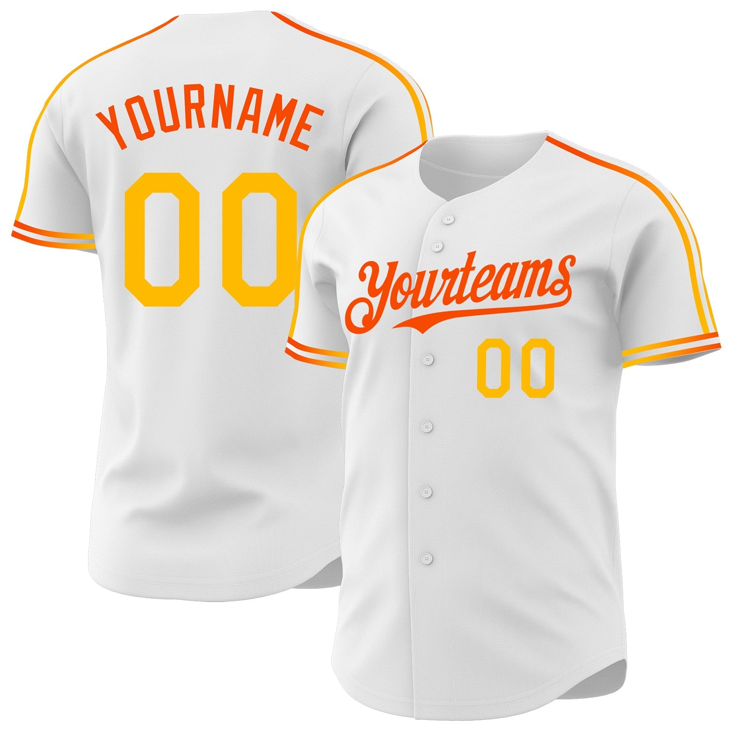 Custom White Gold-Orange Raglan Line Gradient Stripe Authentic Baseball Jersey - Main View