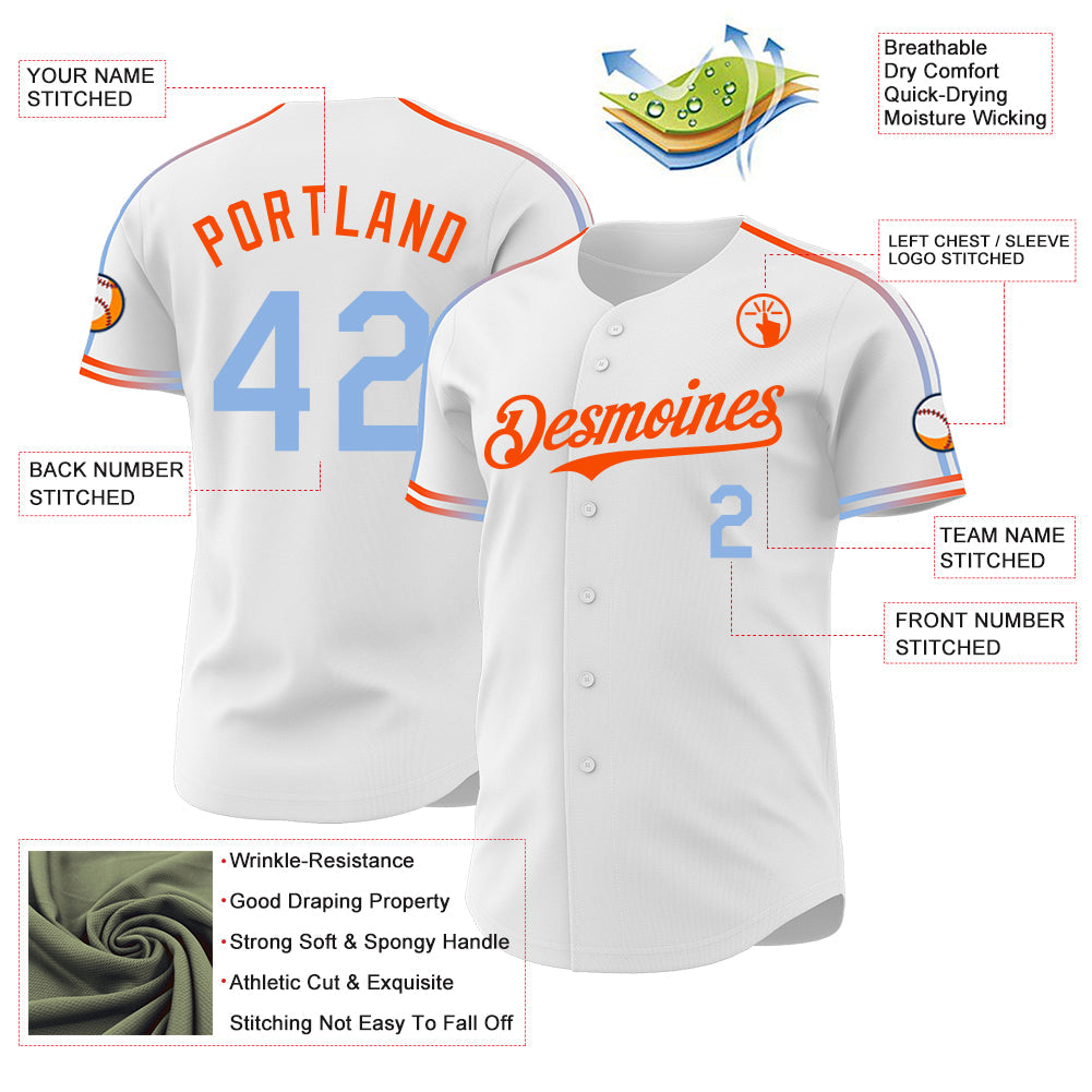 Custom White Light Blue-Orange Raglan Line Gradient Stripe Authentic Baseball Jersey view 4