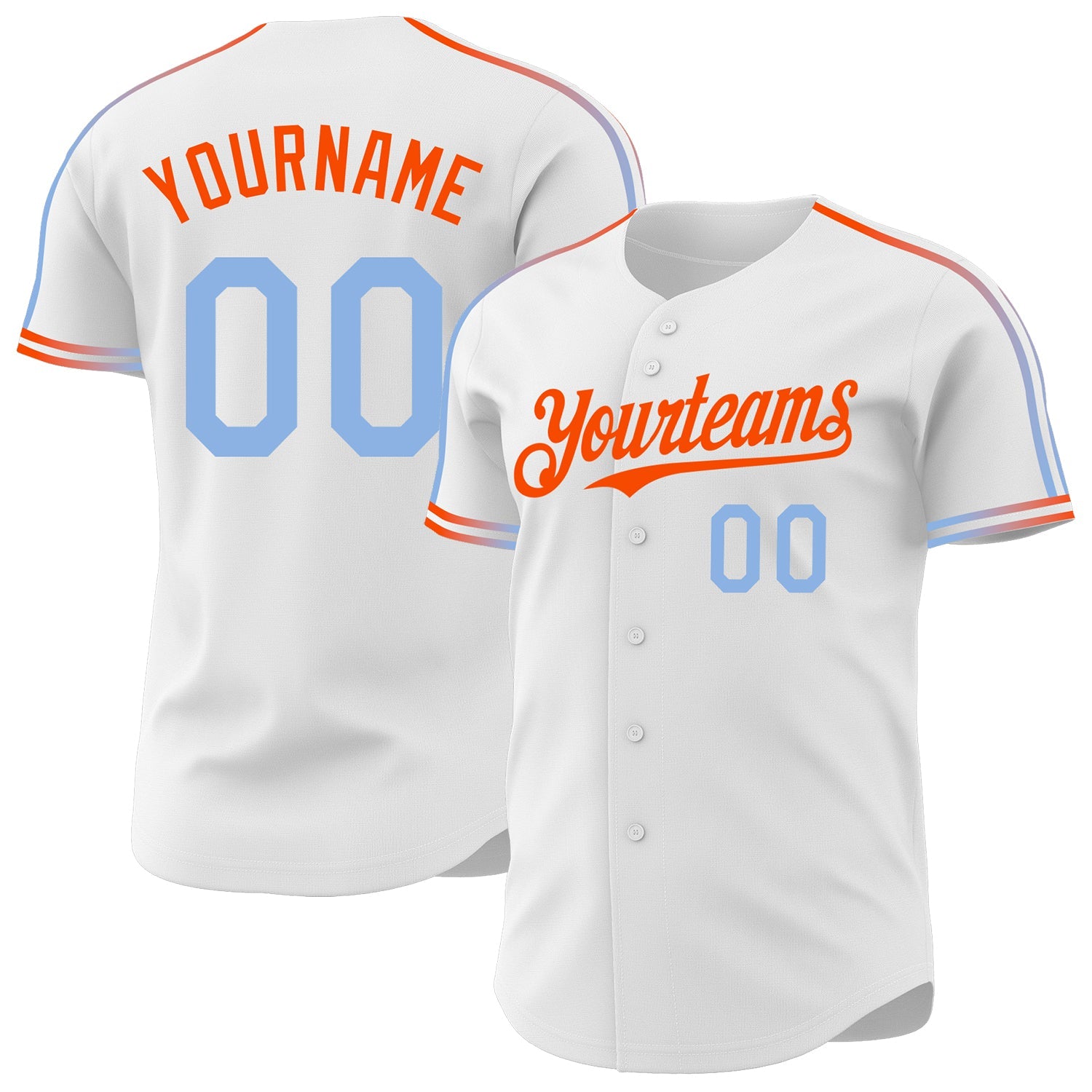 Custom White Light Blue-Orange Raglan Line Gradient Stripe Authentic Baseball Jersey - Main View