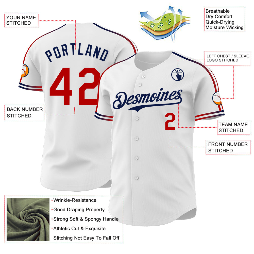 Custom White Red-Navy Raglan Line Gradient Stripe Authentic Baseball Jersey view 4