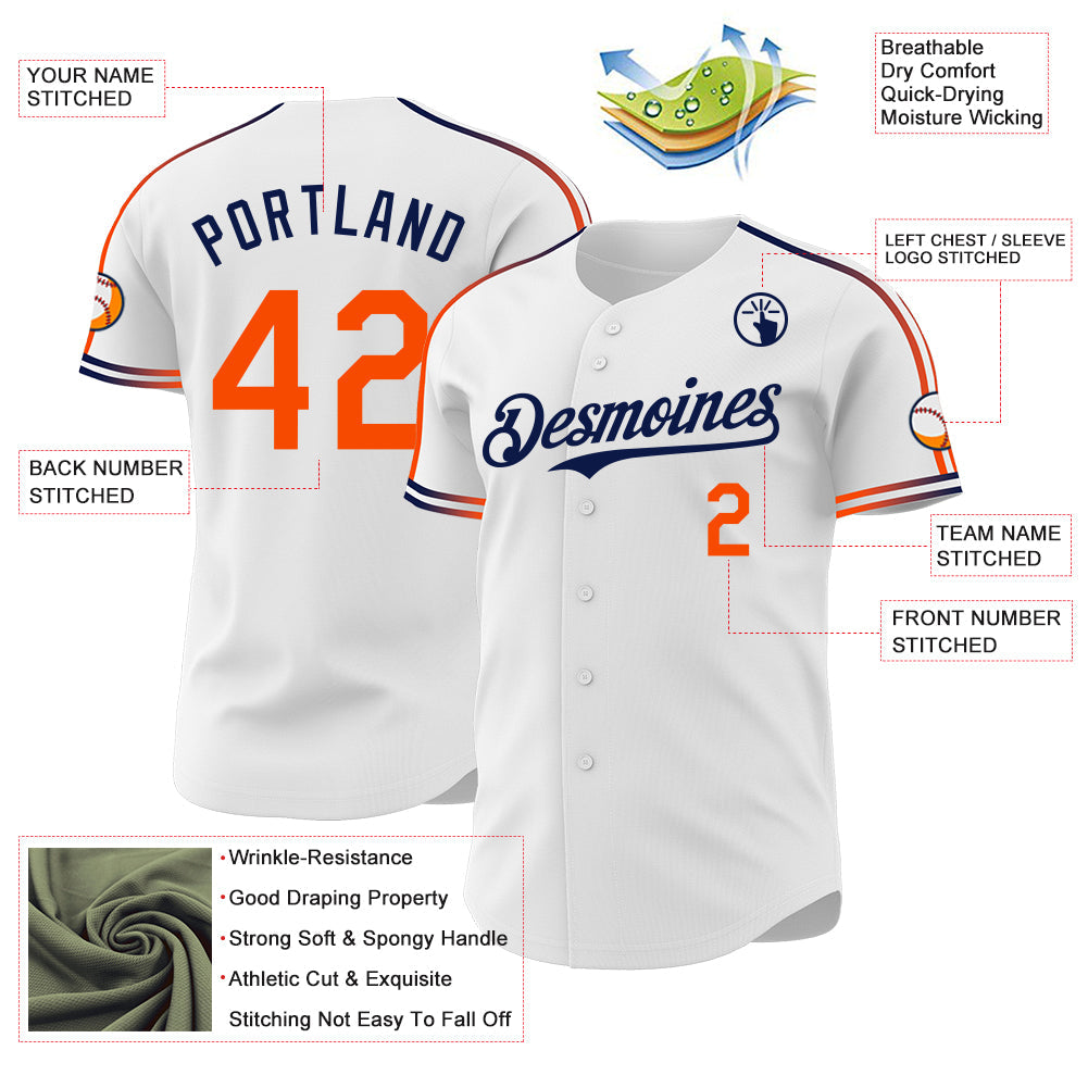 Custom White Orange-Navy Raglan Line Gradient Stripe Authentic Baseball Jersey view 4