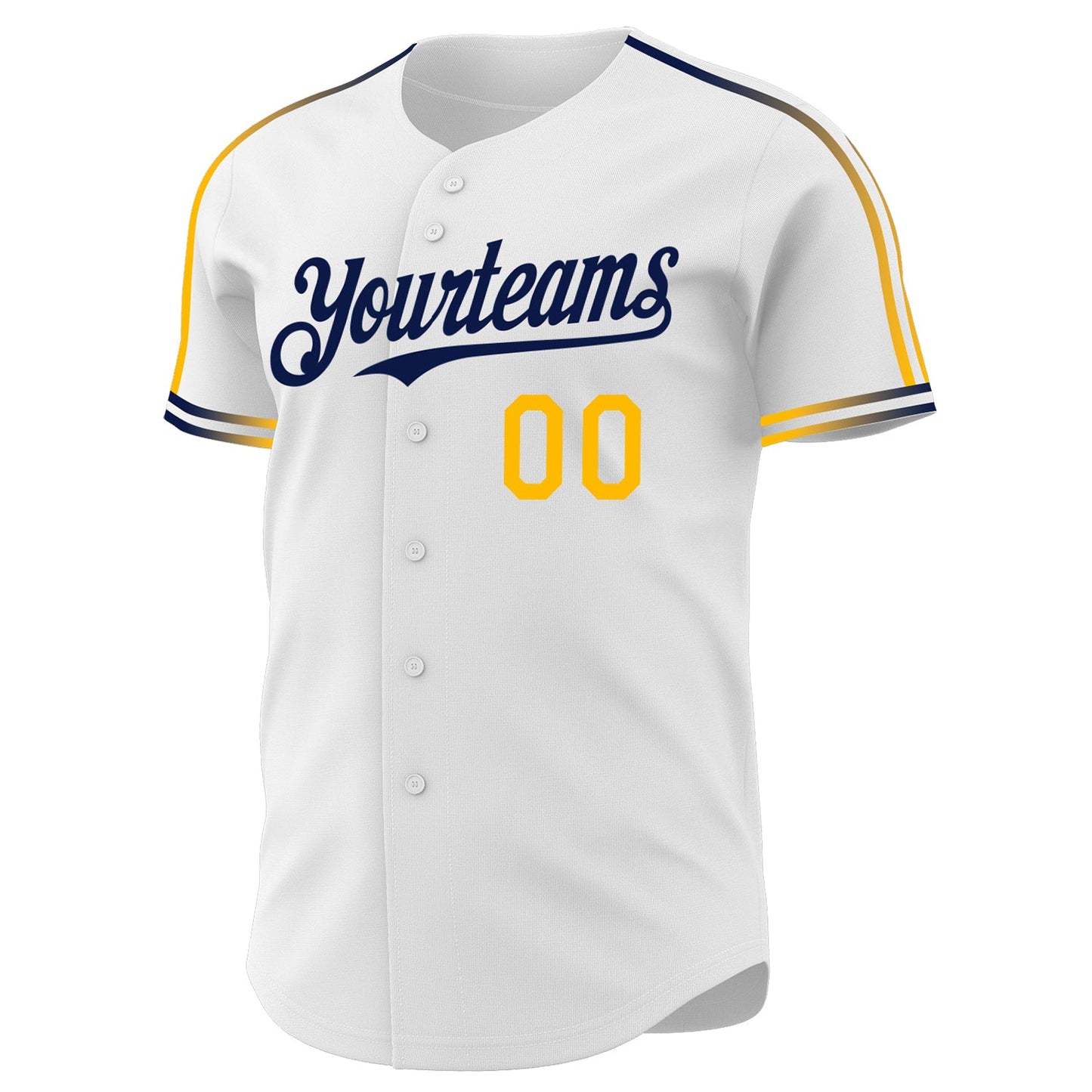 Custom White Gold-Navy Raglan Line Gradient Stripe Authentic Baseball Jersey view 3