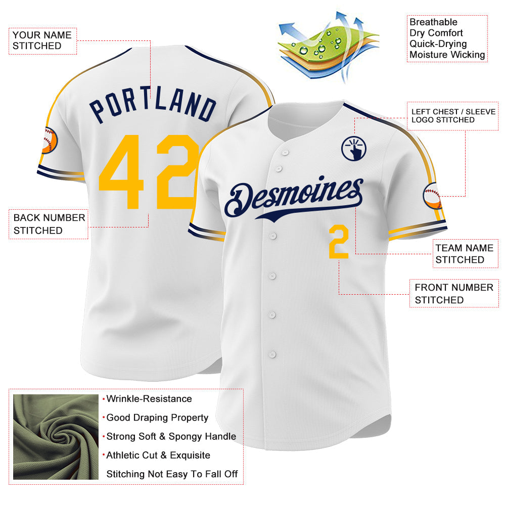Custom White Gold-Navy Raglan Line Gradient Stripe Authentic Baseball Jersey view 4