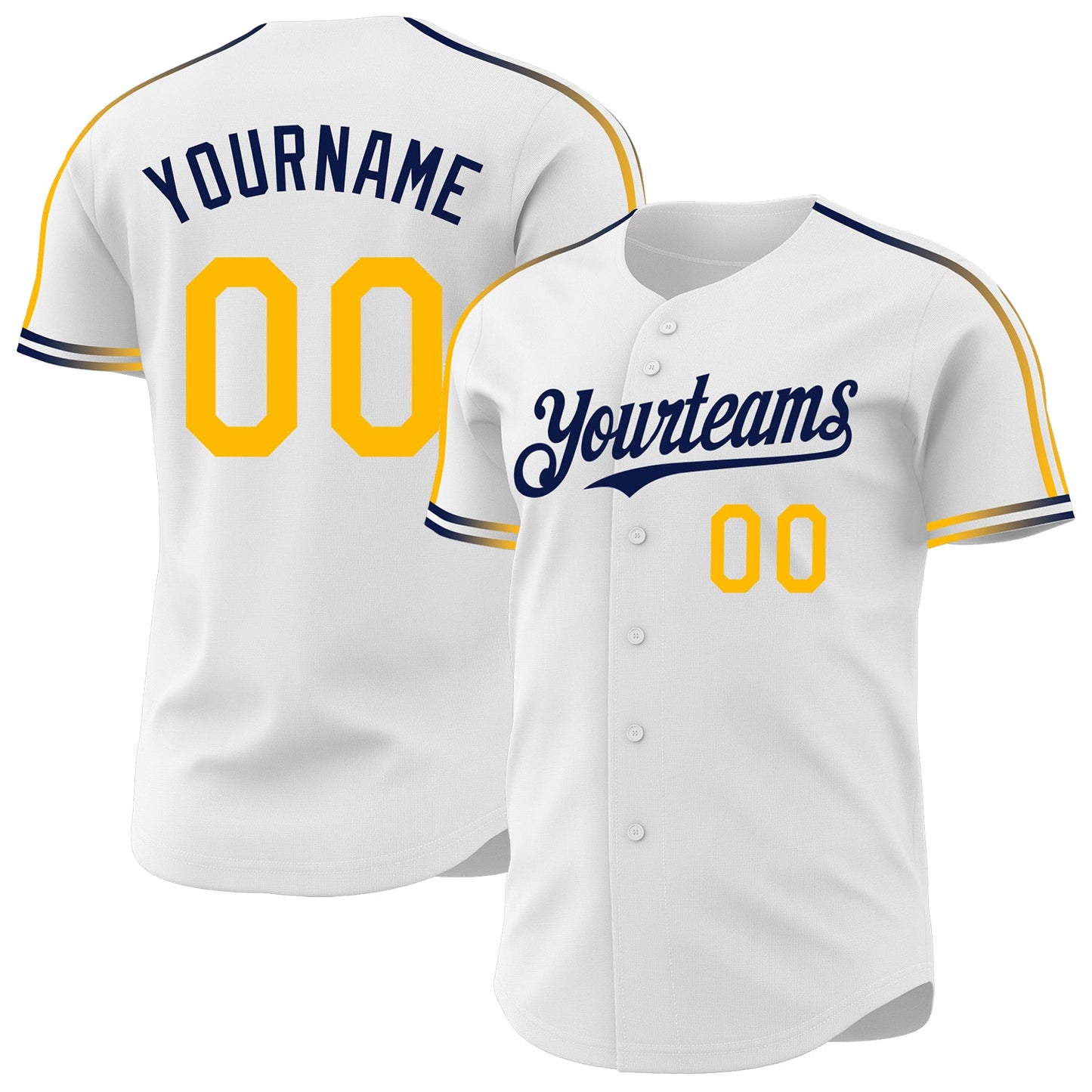 Custom White Gold-Navy Raglan Line Gradient Stripe Authentic Baseball Jersey - Main View