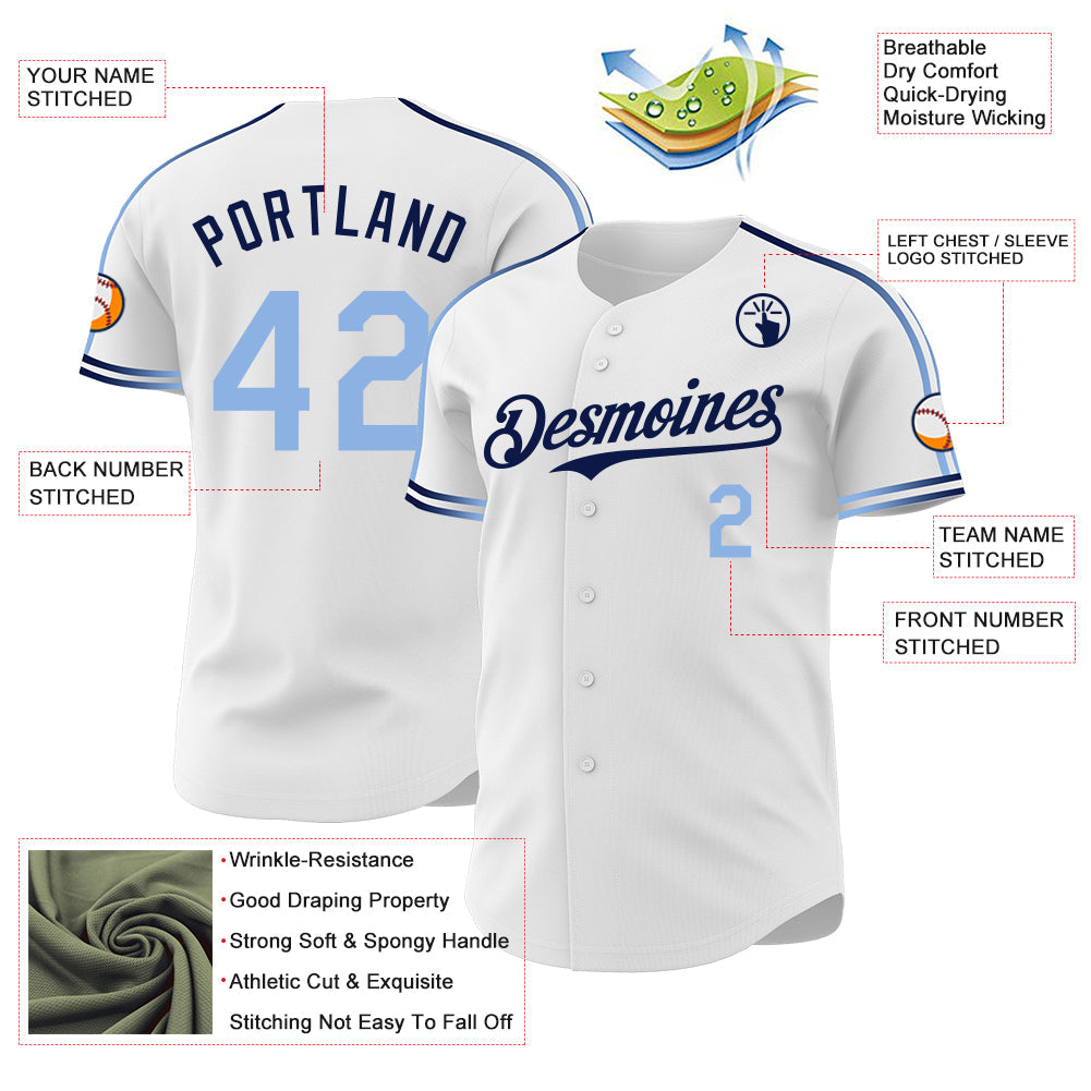 Custom White Light Blue-Navy Raglan Line Gradient Stripe Authentic Baseball Jersey view 4