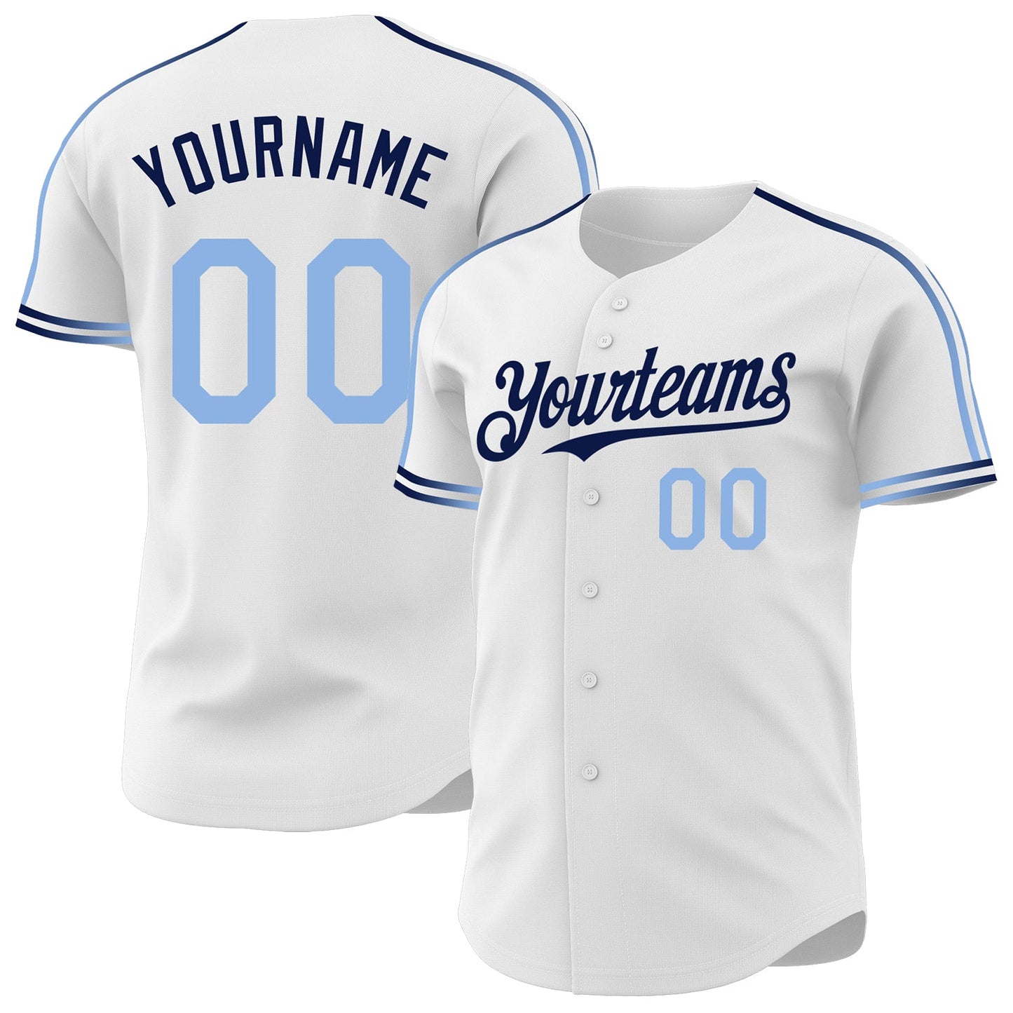 Custom White Light Blue-Navy Raglan Line Gradient Stripe Authentic Baseball Jersey - Main View