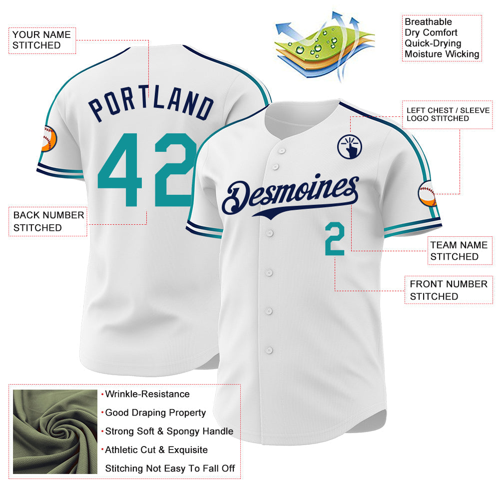 Custom White Teal-Navy Raglan Line Gradient Stripe Authentic Baseball Jersey view 4