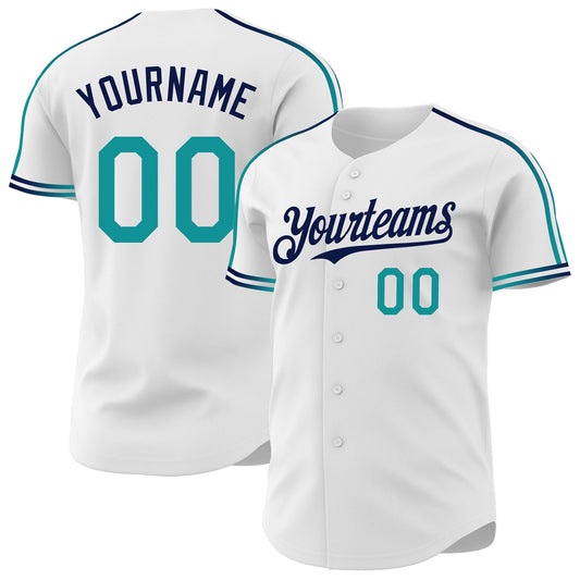 Custom White Teal-Navy Raglan Line Gradient Stripe Authentic Baseball Jersey - Main View
