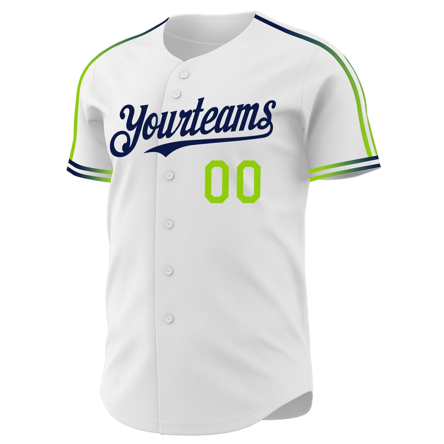 Custom White Neon Green-Navy Raglan Line Gradient Stripe Authentic Baseball Jersey view 3