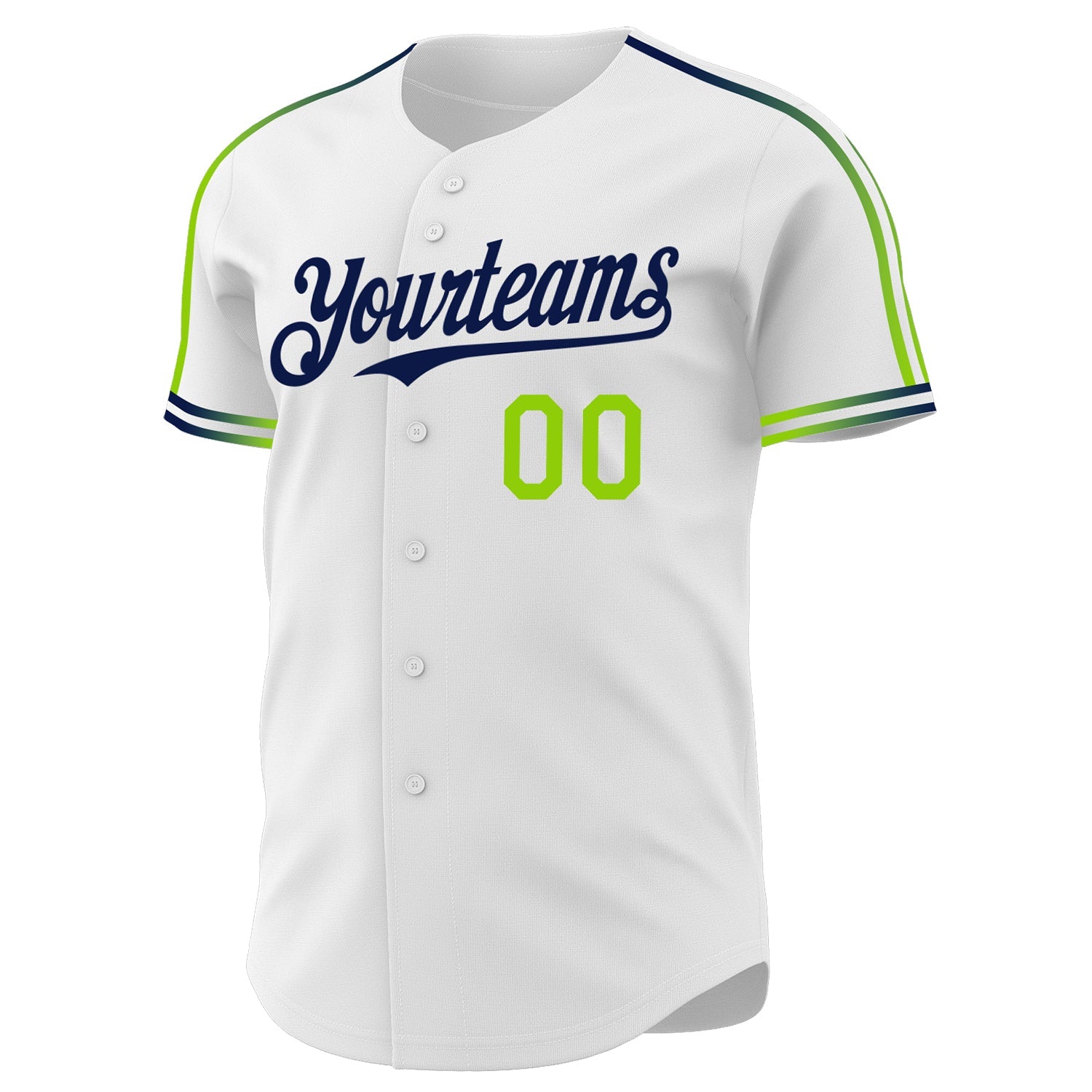 Custom White Neon Green-Navy Raglan Line Gradient Stripe Authentic Baseball Jersey view 3