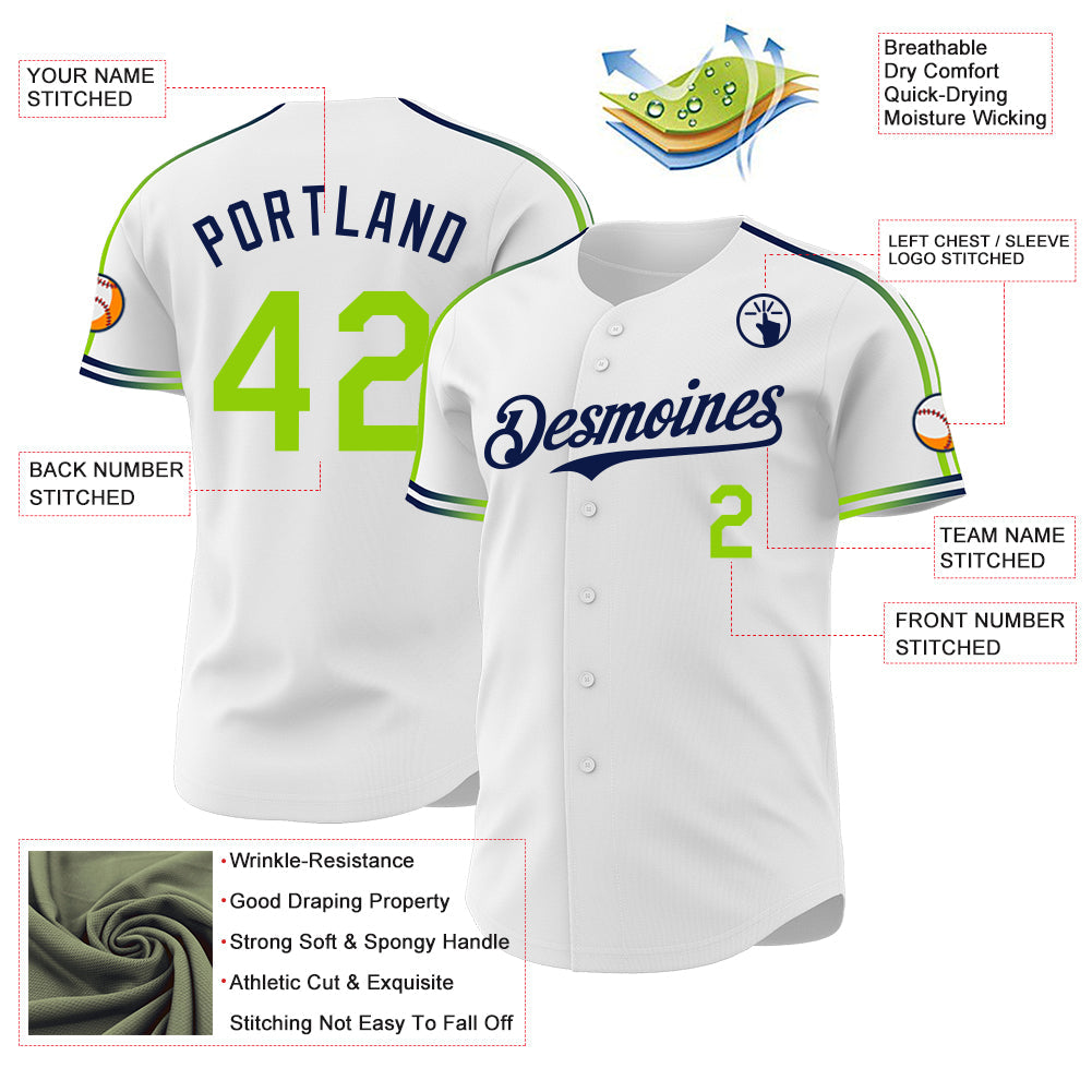 Custom White Neon Green-Navy Raglan Line Gradient Stripe Authentic Baseball Jersey view 4