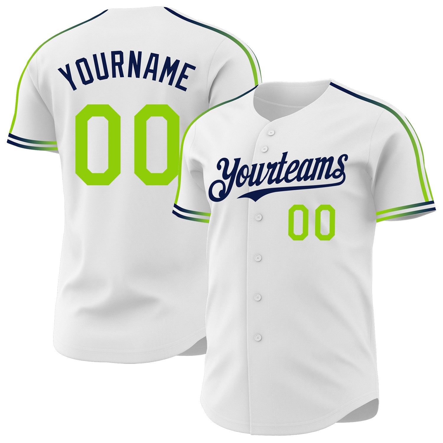 Custom White Neon Green-Navy Raglan Line Gradient Stripe Authentic Baseball Jersey - Main View