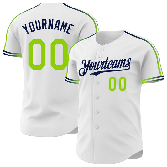 Custom White Neon Green-Navy Raglan Line Gradient Stripe Authentic Baseball Jersey - Main View