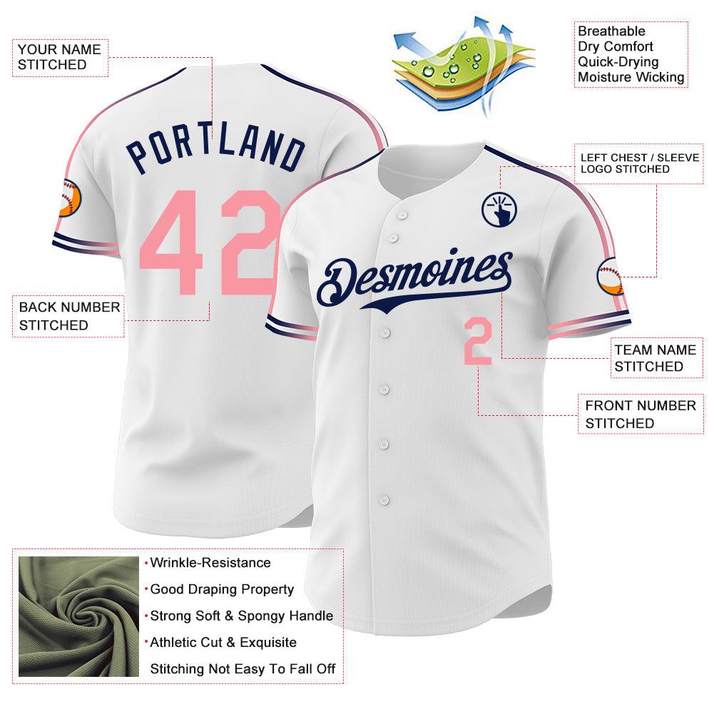 Custom White Medium Pink-Navy Raglan Line Gradient Stripe Authentic Baseball Jersey view 4
