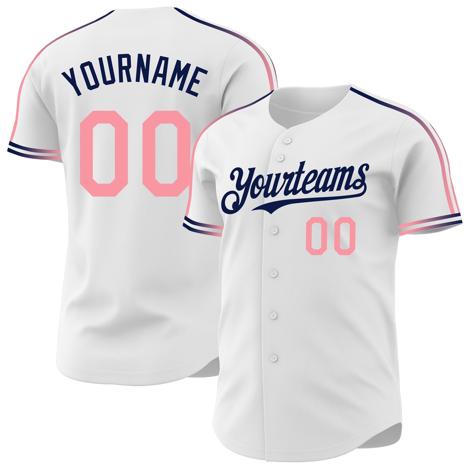 Custom White Medium Pink-Navy Raglan Line Gradient Stripe Authentic Baseball Jersey - Main View