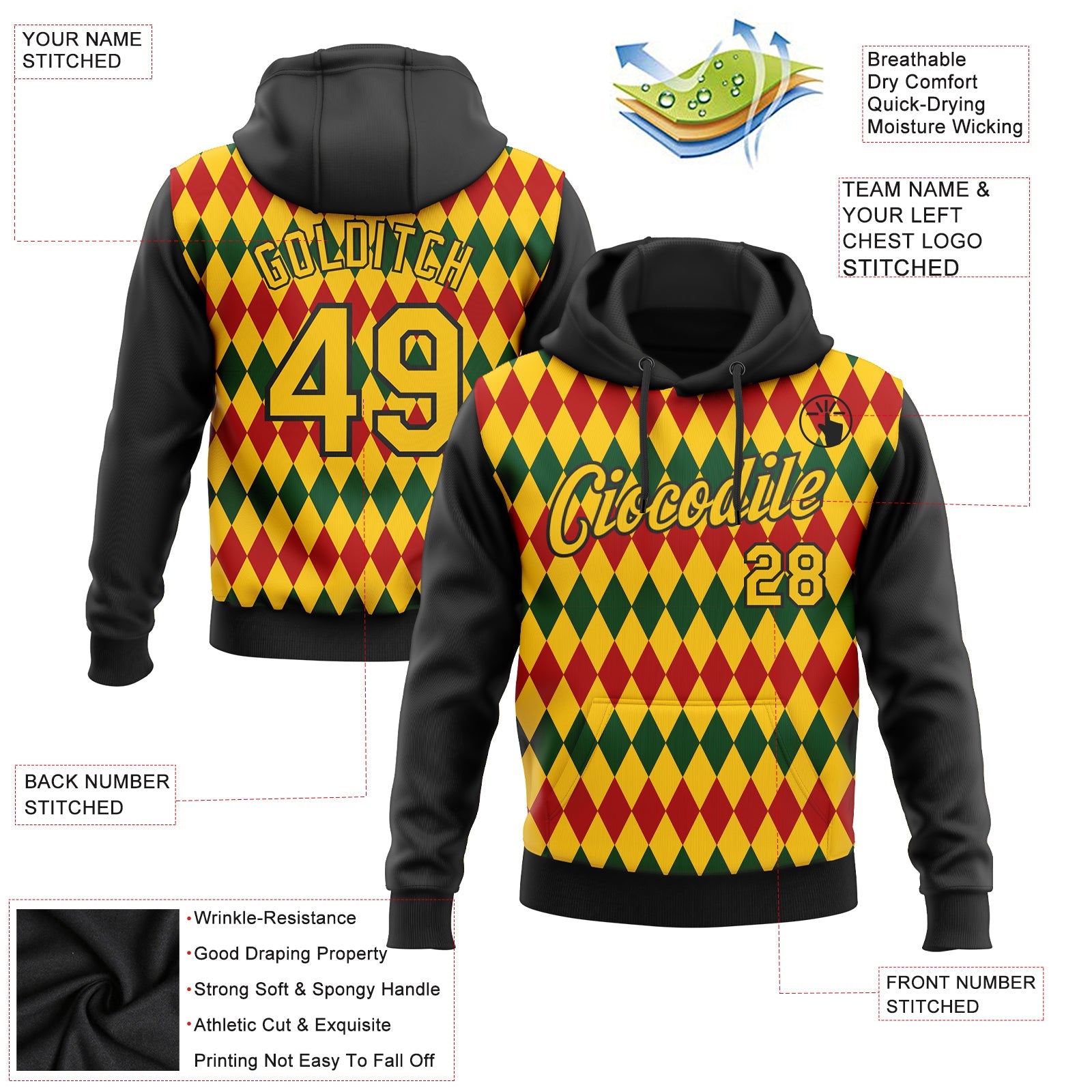Custom Stitched Black Yellow 3D Pattern Design Black History Month Sports Pullover Sweatshirt Hoodie view 2