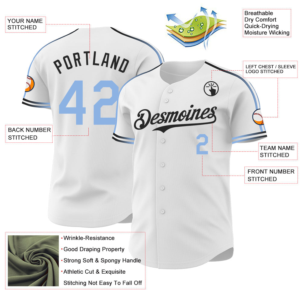 Custom White Light Blue-Black Raglan Line Gradient Stripe Authentic Baseball Jersey view 4