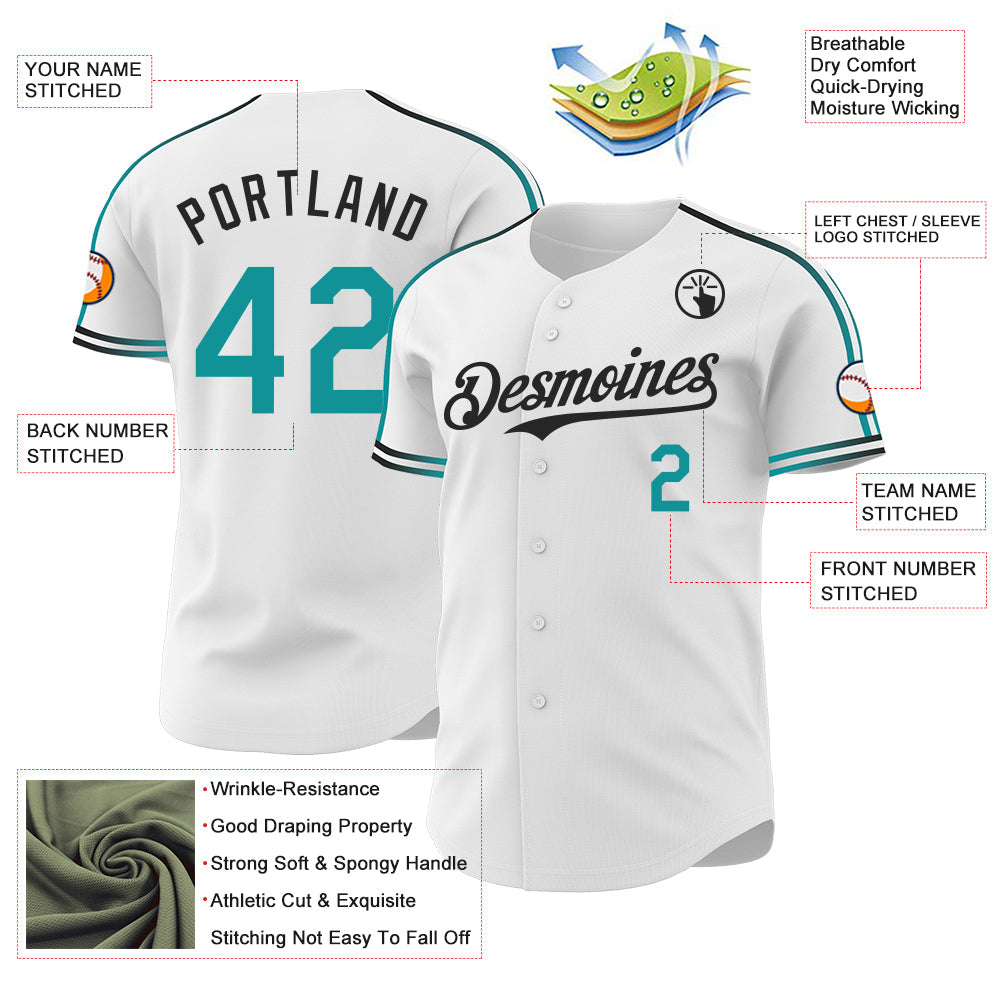 Custom White Teal-Black Raglan Line Gradient Stripe Authentic Baseball Jersey view 4