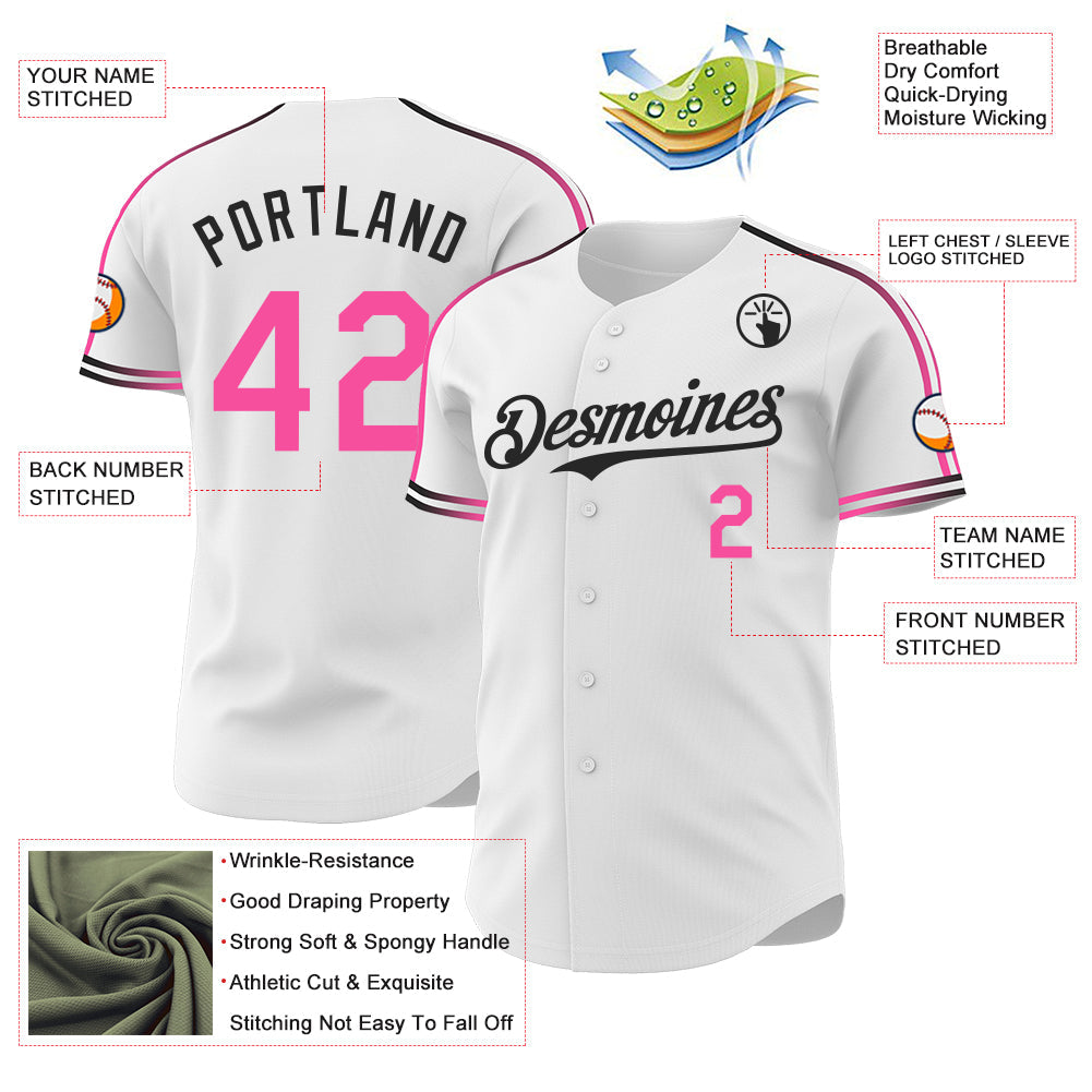 Custom White Pink-Black Raglan Line Gradient Stripe Authentic Baseball Jersey view 4