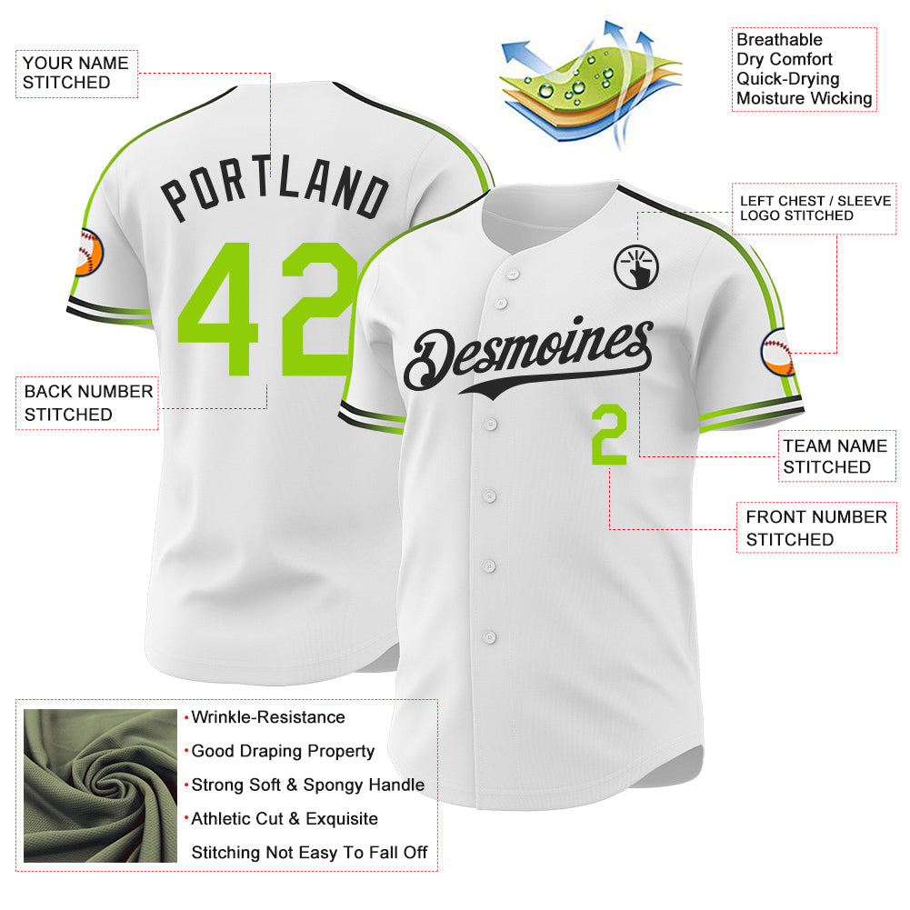 Custom White Neon Green-Black Raglan Line Gradient Stripe Authentic Baseball Jersey view 4