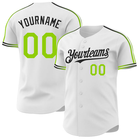 Custom White Neon Green-Black Raglan Line Gradient Stripe Authentic Baseball Jersey - Main View