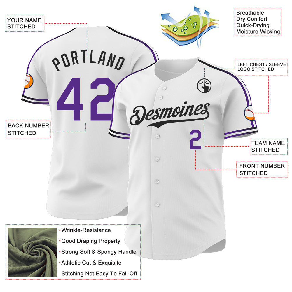 Custom White Purple-Black Raglan Line Gradient Stripe Authentic Baseball Jersey view 4