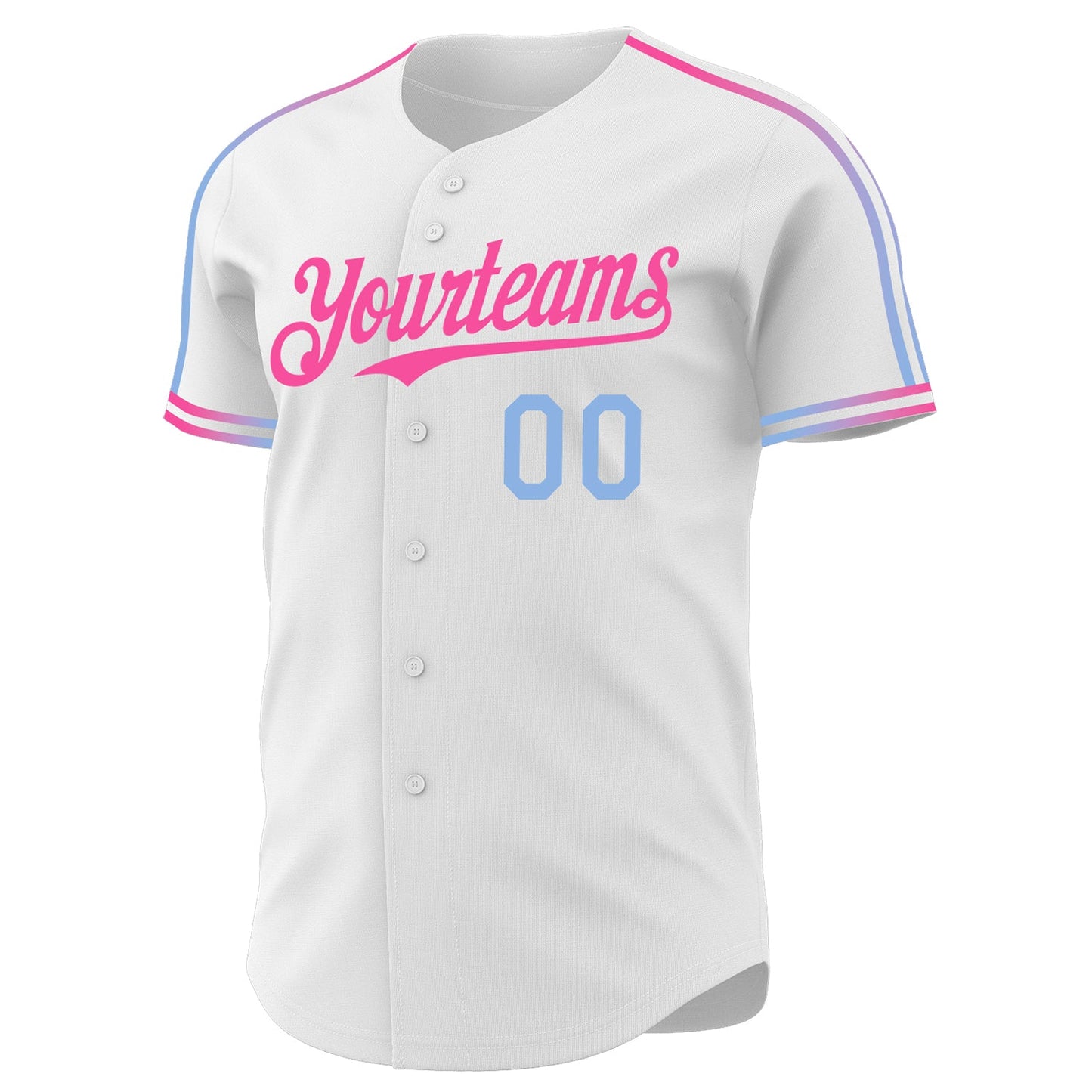 Custom White Light Blue-Pink Raglan Line Gradient Stripe Authentic Baseball Jersey view 3