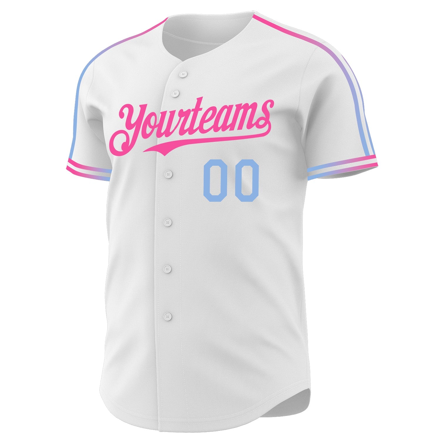 Custom White Light Blue-Pink Raglan Line Gradient Stripe Authentic Baseball Jersey view 3