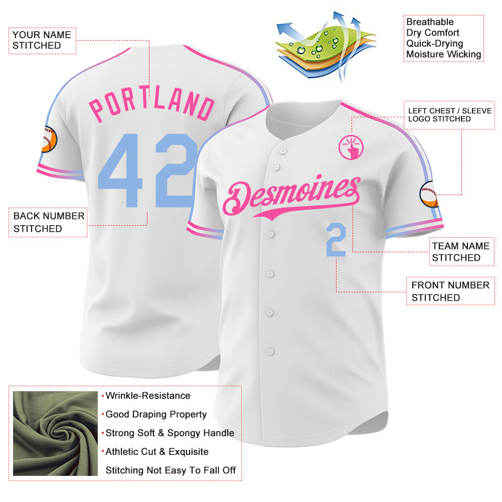 Custom White Light Blue-Pink Raglan Line Gradient Stripe Authentic Baseball Jersey view 4