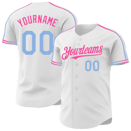 Custom White Light Blue-Pink Raglan Line Gradient Stripe Authentic Baseball Jersey - Main View