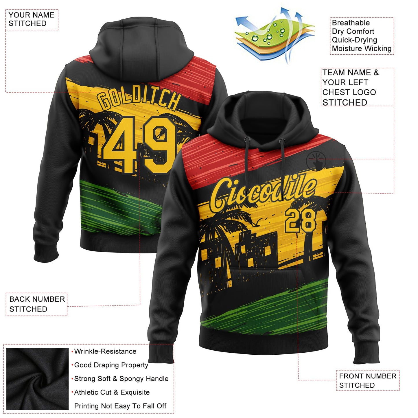 Custom Stitched Black Yellow 3D Pattern Design Black History Month Sports Pullover Sweatshirt Hoodie view 2