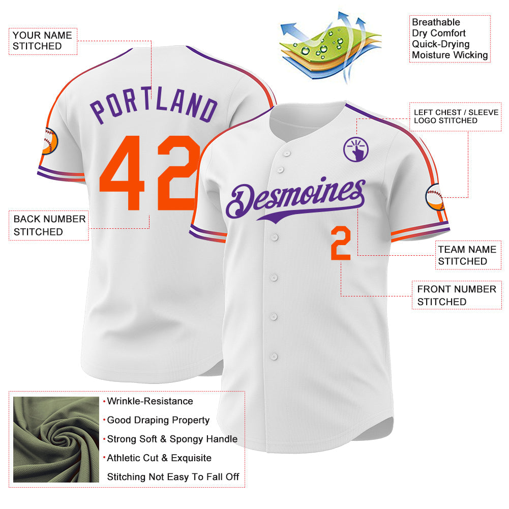 Custom White Orange-Purple Raglan Line Gradient Stripe Authentic Baseball Jersey view 4