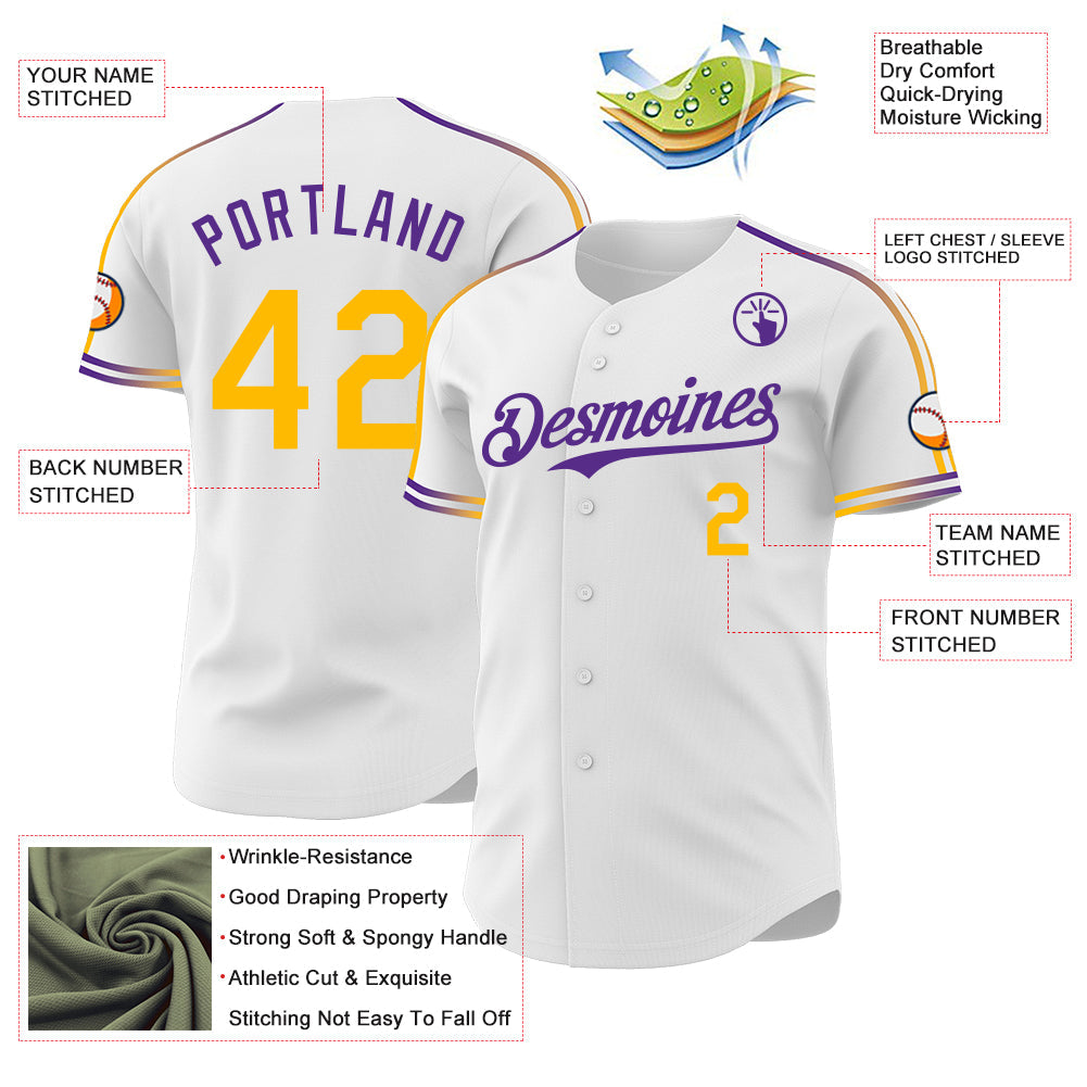 Custom White Gold-Purple Raglan Line Gradient Stripe Authentic Baseball Jersey view 4