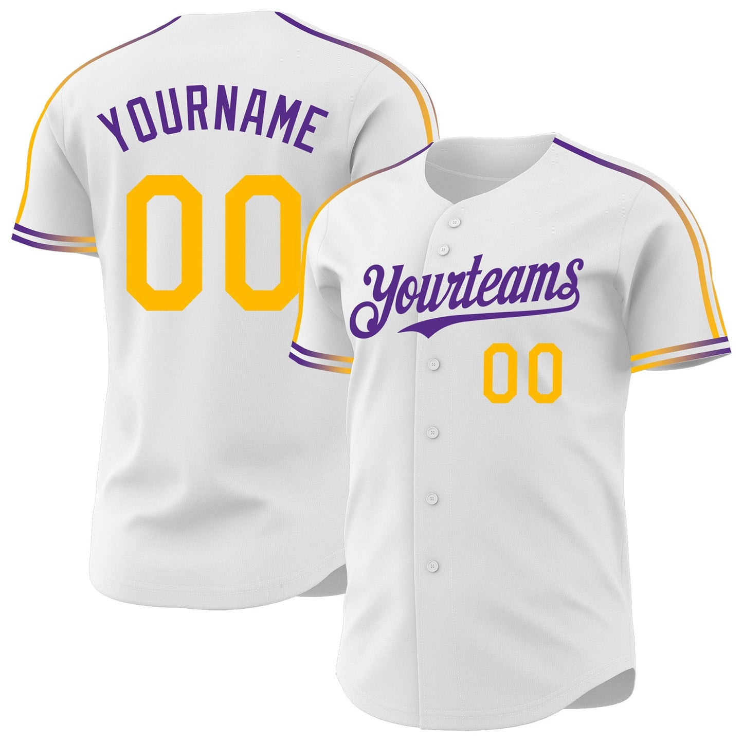 Custom White Gold-Purple Raglan Line Gradient Stripe Authentic Baseball Jersey - Main View