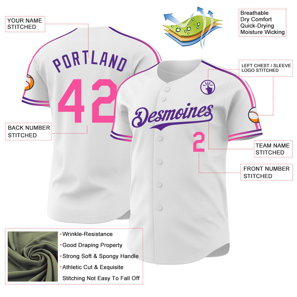 Custom White Pink-Purple Raglan Line Gradient Stripe Authentic Baseball Jersey view 4
