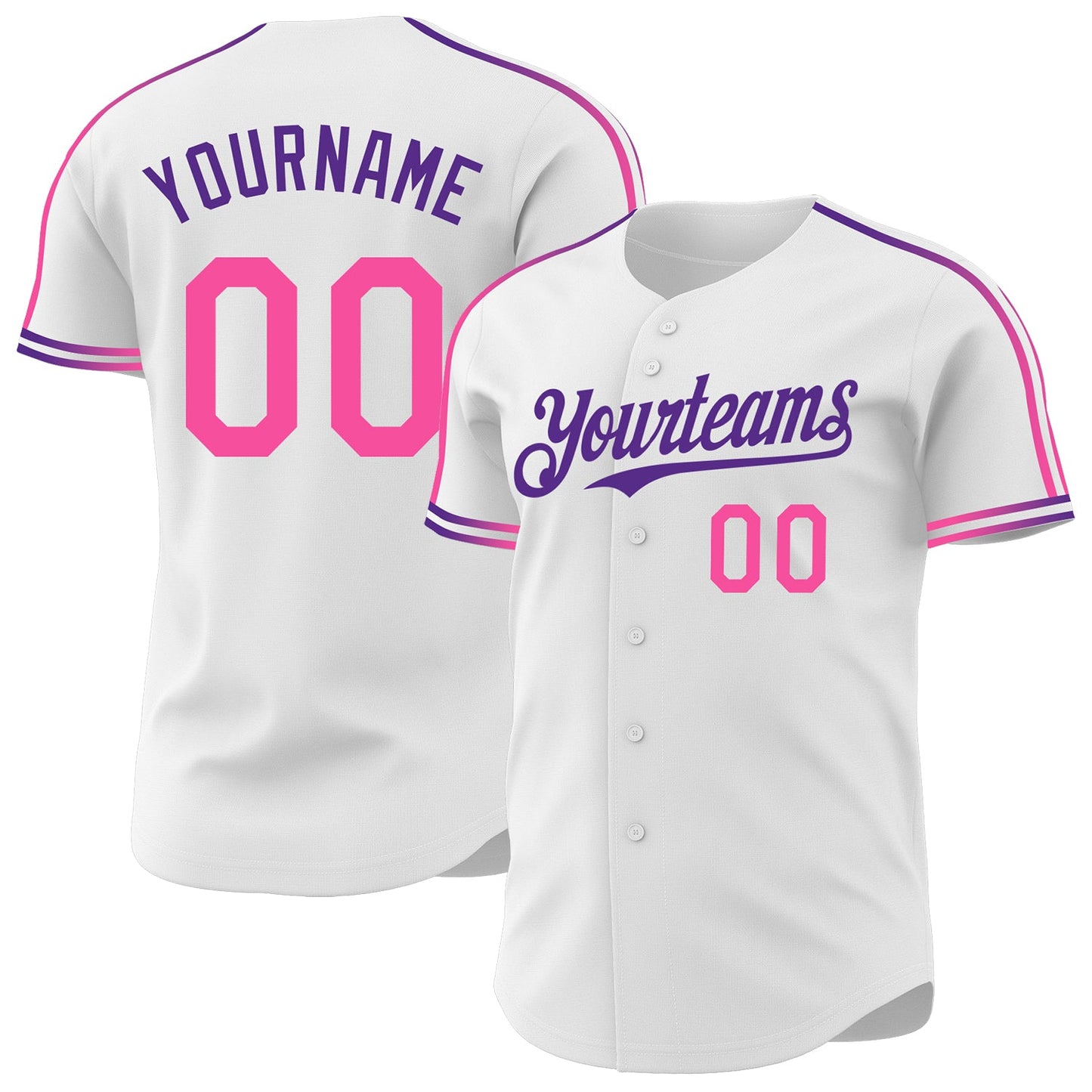 Custom White Pink-Purple Raglan Line Gradient Stripe Authentic Baseball Jersey - Main View
