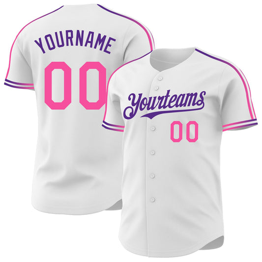 Custom White Pink-Purple Raglan Line Gradient Stripe Authentic Baseball Jersey - Main View