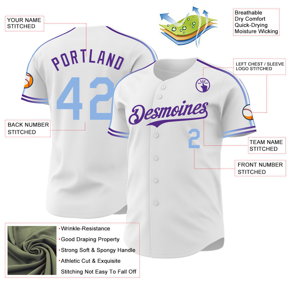 Custom White Light Blue-Purple Raglan Line Gradient Stripe Authentic Baseball Jersey view 4
