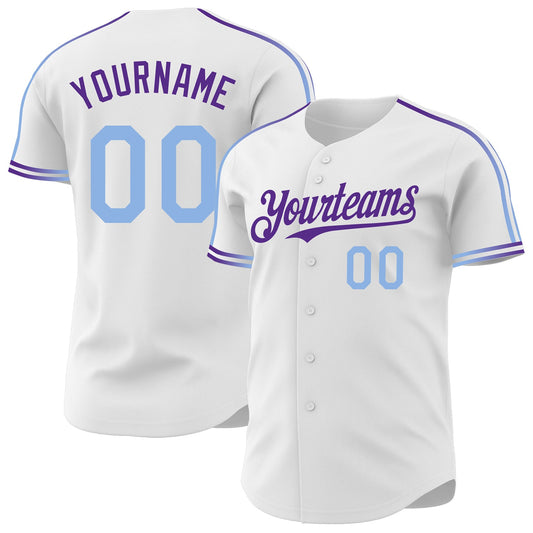 Custom White Light Blue-Purple Raglan Line Gradient Stripe Authentic Baseball Jersey - Main View