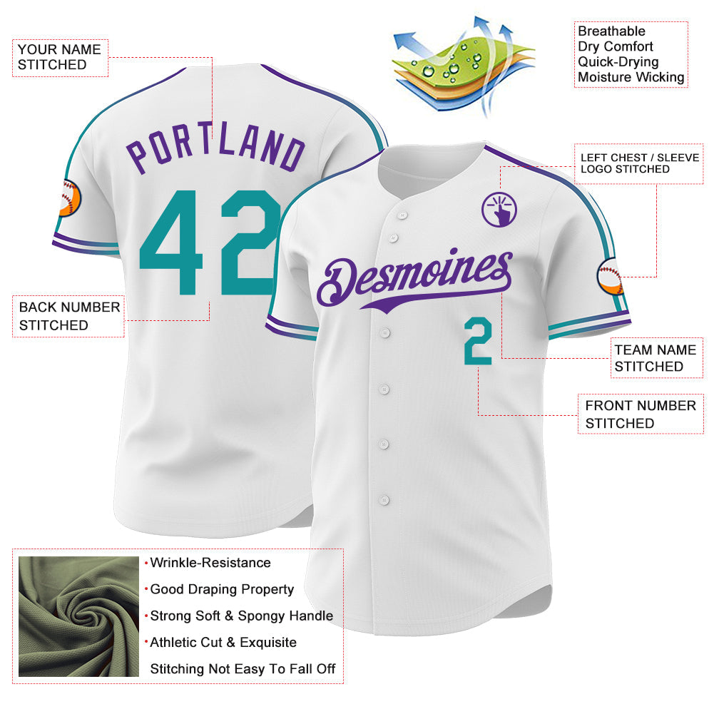 Custom White Teal-Purple Raglan Line Gradient Stripe Authentic Baseball Jersey view 4